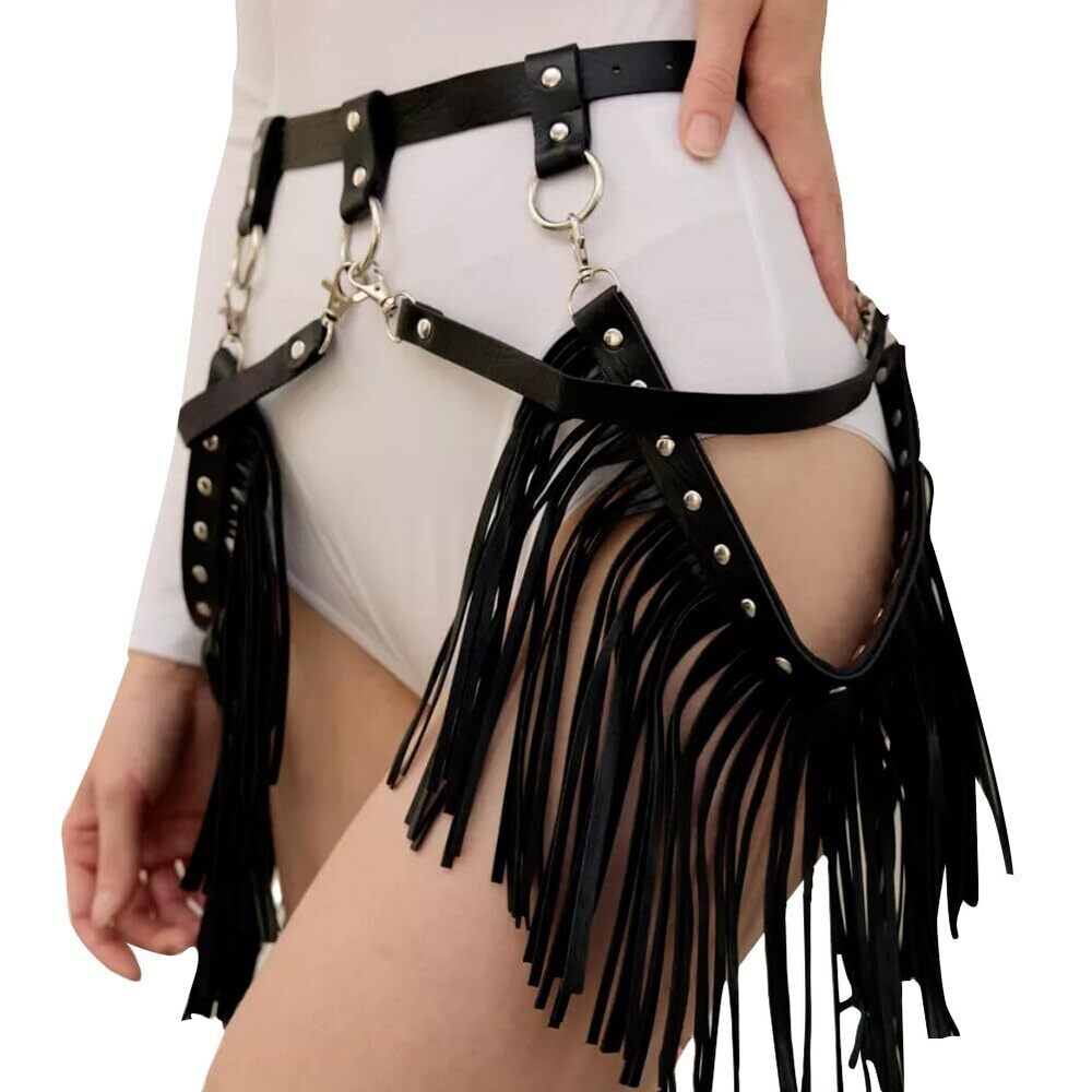 2298 Women Leather Tassel Waist Belt Gothic Fringe Long Punk - Picture 2 of 8